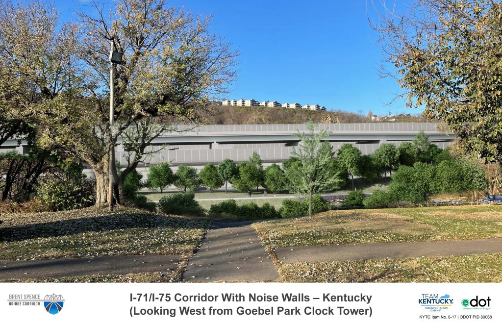 I-71/I-75 Corridor with Noise Walls – Opaque Option, Looking West from Goebel Park Clock Tower